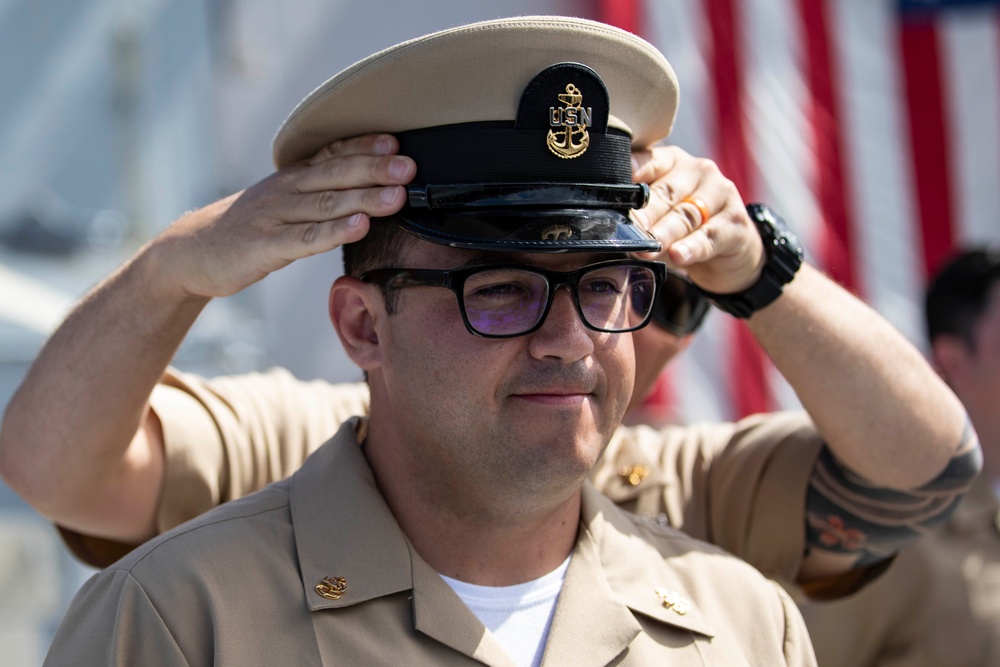 USS Ralph Johnson conducts chief pinning ceremony.