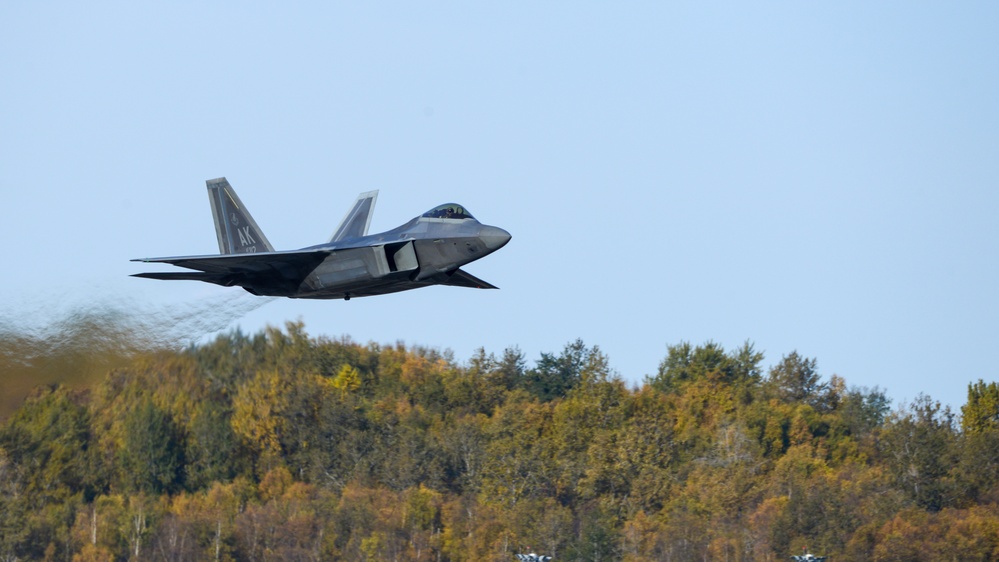 A U.S. Air Force F-22 Raptor assigned to the 3rd Wing takes off from Joint Base Elmendorf-Richardson, Sept. 28, 2023.