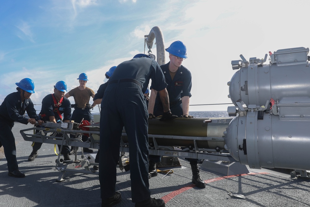 Sailors Conduct a Torpedo Upload Aboard USS Rafael Peralta (DDG 115)