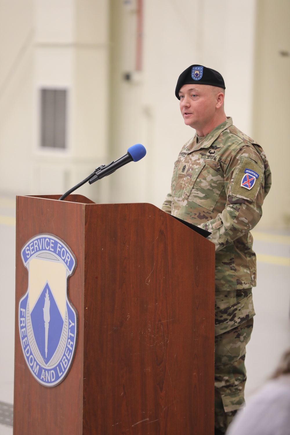 Command Sgt. Maj. O'Donnell Gives Remarks During a Change of Responsibility