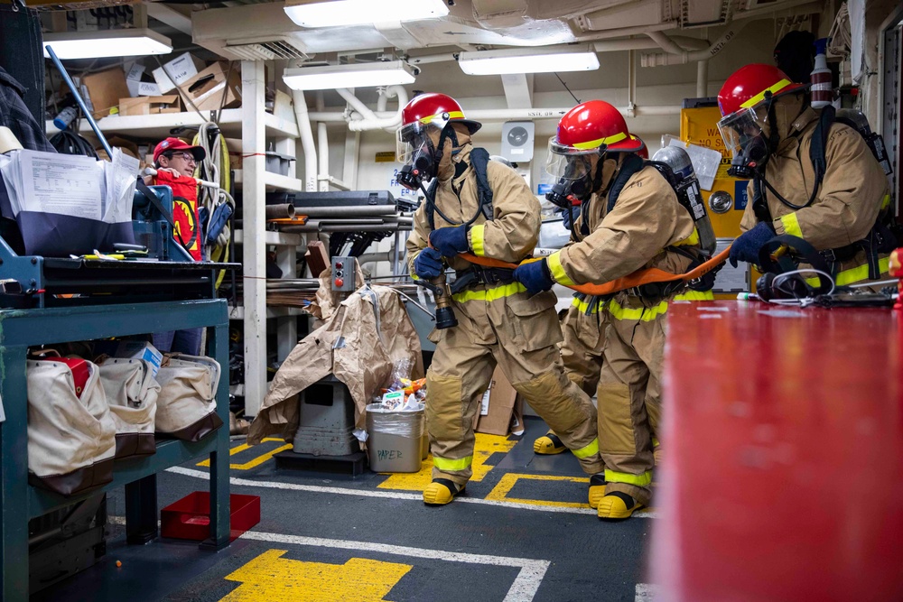 USS Ralph Johnson conducts general quarters drill.