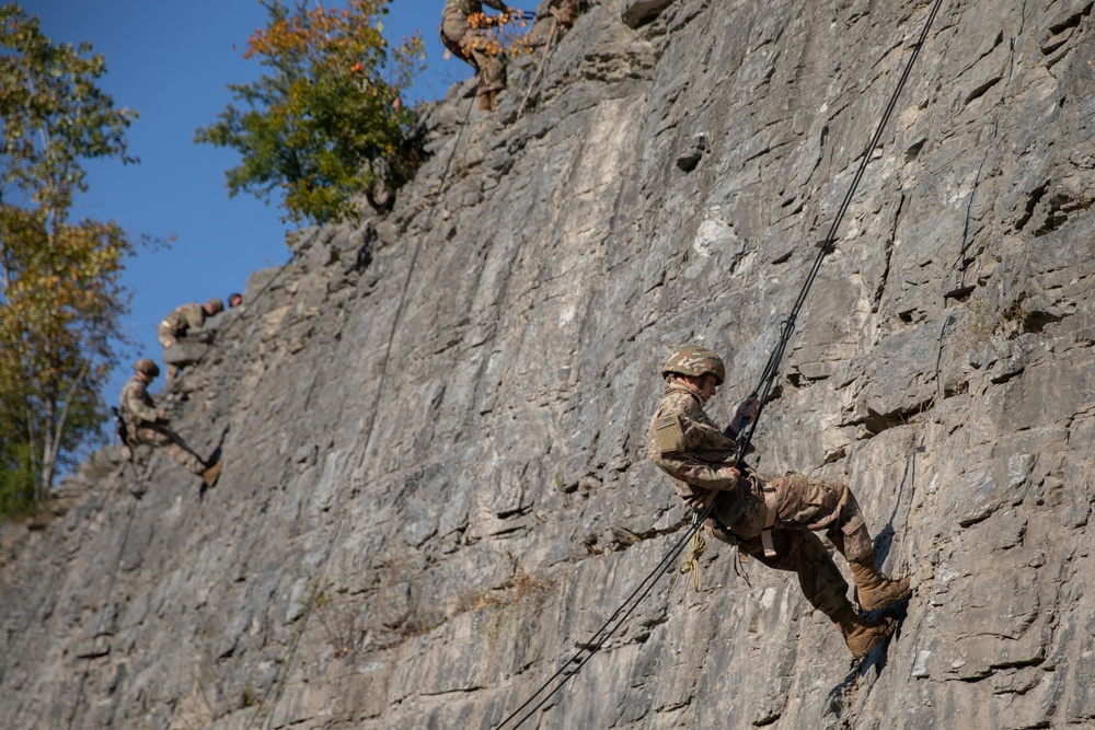 Soldiers with the 10th Mountain Division conducted a rappelling and rope management lane during Alpine Readiness Week, Oct. 3, 2023, on Fort Drum, New York.