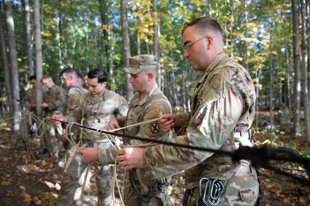 Soldiers with the 10th Mountain Division conducted a rappelling and rope management lane during Alpine Readiness Week, Oct. 3, 2023, on Fort Drum, New York.