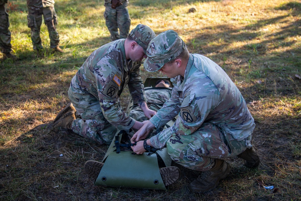 Soldiers with the 1st Battalion, 32nd Infantry Regiment, 10th Mountain Division conducted a cold weather, medical and CASEVAC training lane during Alpine Readiness Week on Fort Drum, New York, Oct. 4, 2023