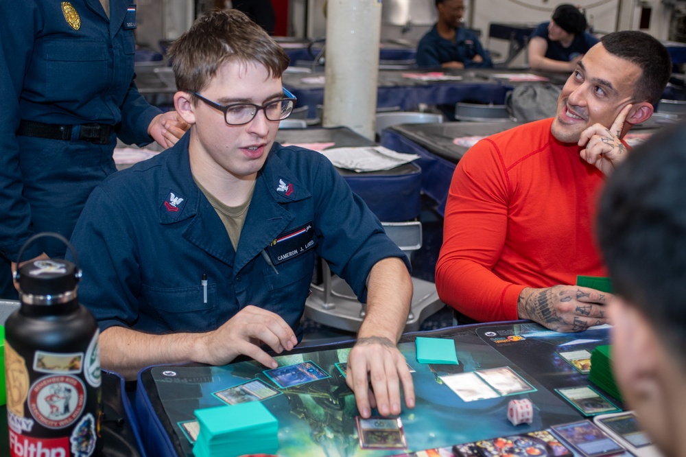 USS Ronald Reagan (CVN 76) Sailors play card games hosted by MWR