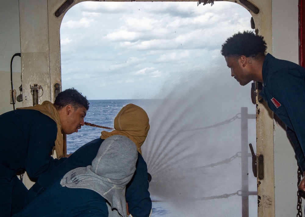 USS Ronald Reagan (CVN 76) Sailors train during a general quarters drill