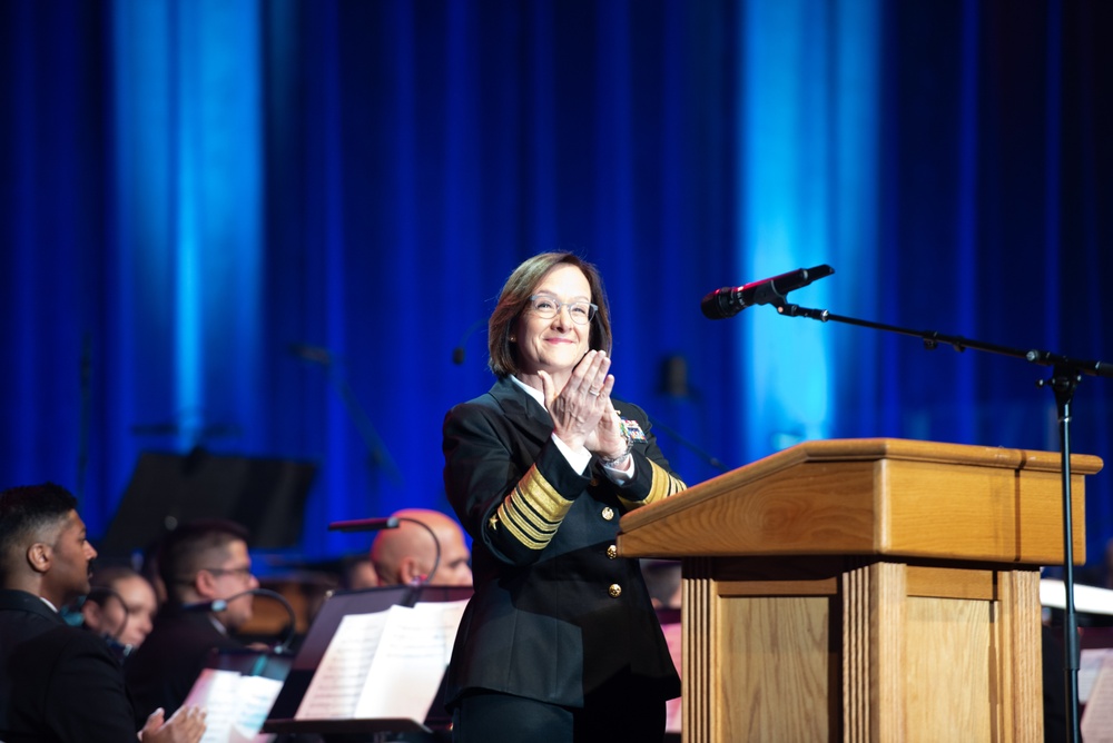 Vice Chief of Naval Operations Adm. Lisa Franchetti delivers remarks at the opening of the Navy Birthday Concert at DAR Constitution Hall in Washington