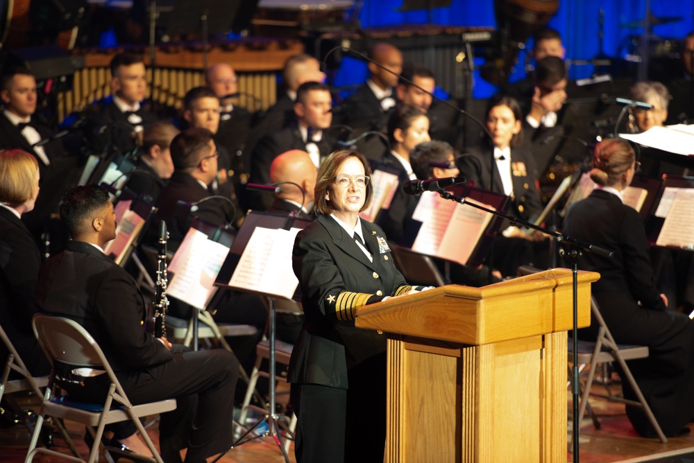 Vice Chief of Naval Operations Adm. Lisa Franchetti delivers remarks at the opening of the Navy Birthday Concert at DAR Constitution Hall in Washington