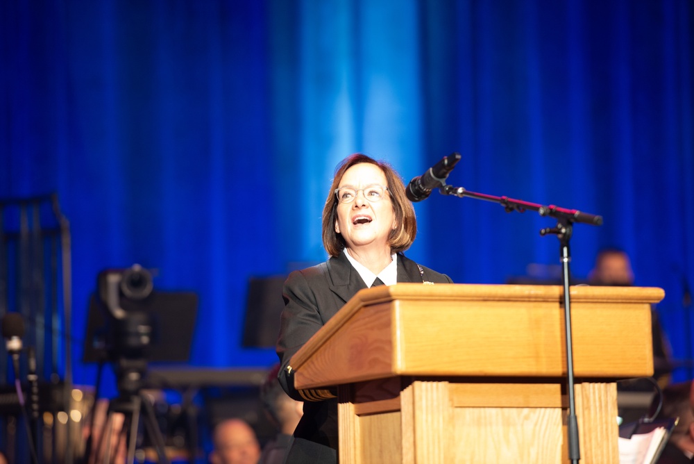 Vice Chief of Naval Operations Adm. Lisa Franchetti delivers remarks at the opening of the Navy Birthday Concert at DAR Constitution Hall in Washington