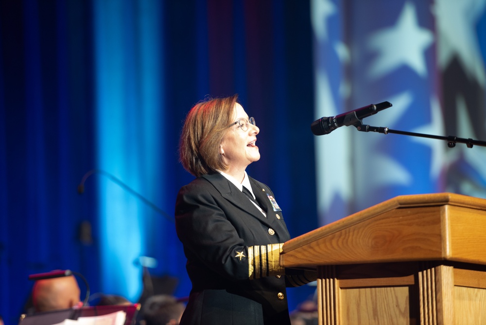 Vice Chief of Naval Operations Adm. Lisa Franchetti delivers remarks at the opening of the Navy Birthday Concert at DAR Constitution Hall in Washington