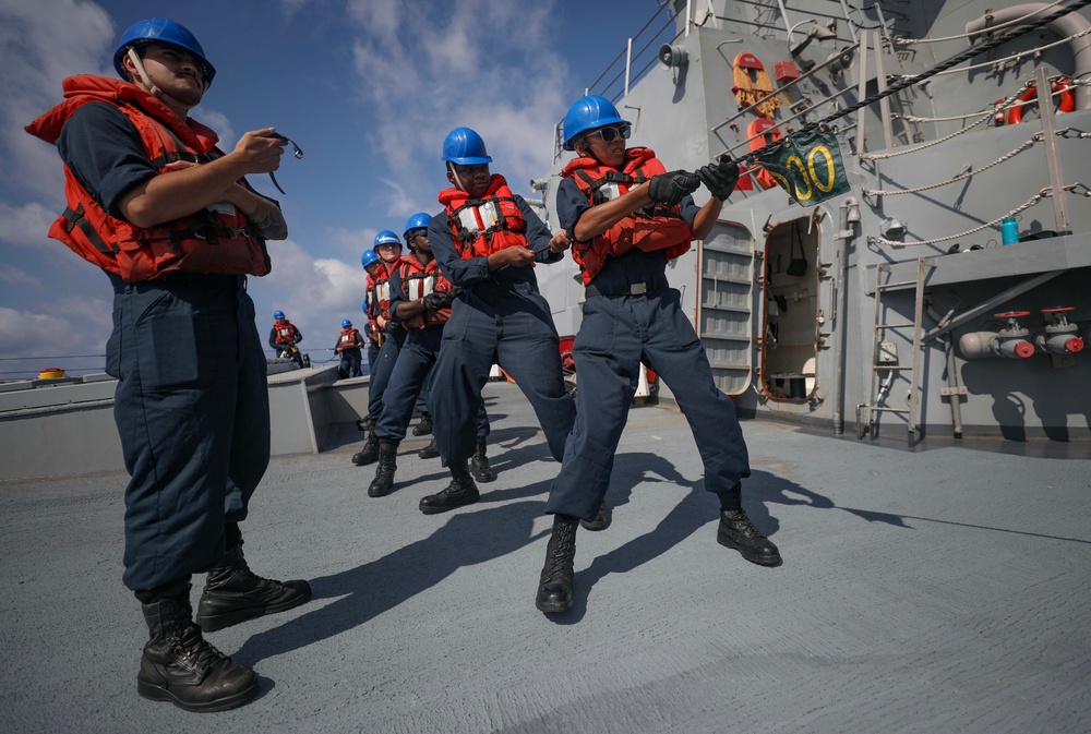 USS Dewey (DDG 105) Conducts Underway Replenishment with USNS Wally Schirra (T-AKE 8) While Operating in the South China Sea