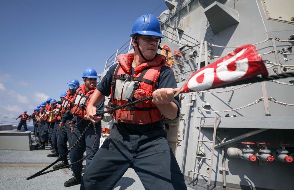 USS Dewey (DDG 105) Conducts Underway Replenishment with USNS Wally Schirra (T-AKE 8) While Operating in the South China Sea