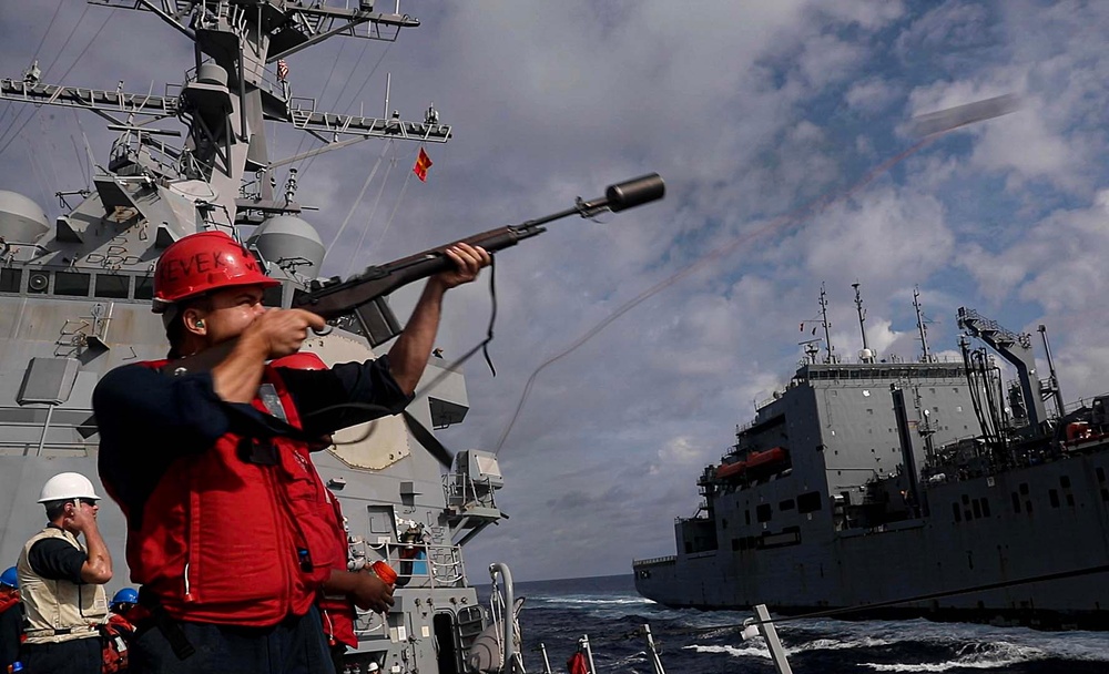 USS Dewey (DDG 105) Conducts Underway Replenishment with USNS Wally Schirra (T-AKE 8) While Operating in the South China Sea