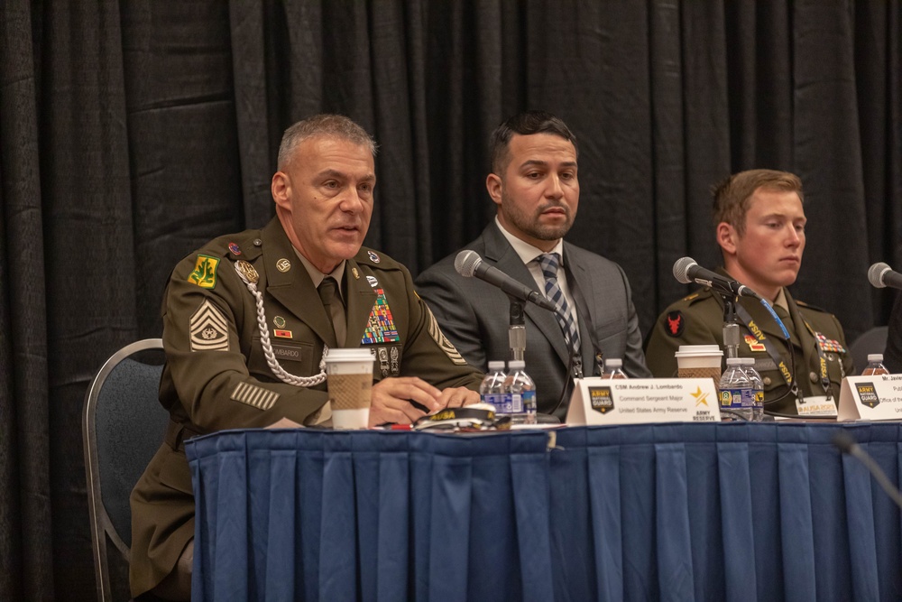 Cmd. Sgt. Maj. Andrew Lombardo speaks during a forum at the AUSA conference