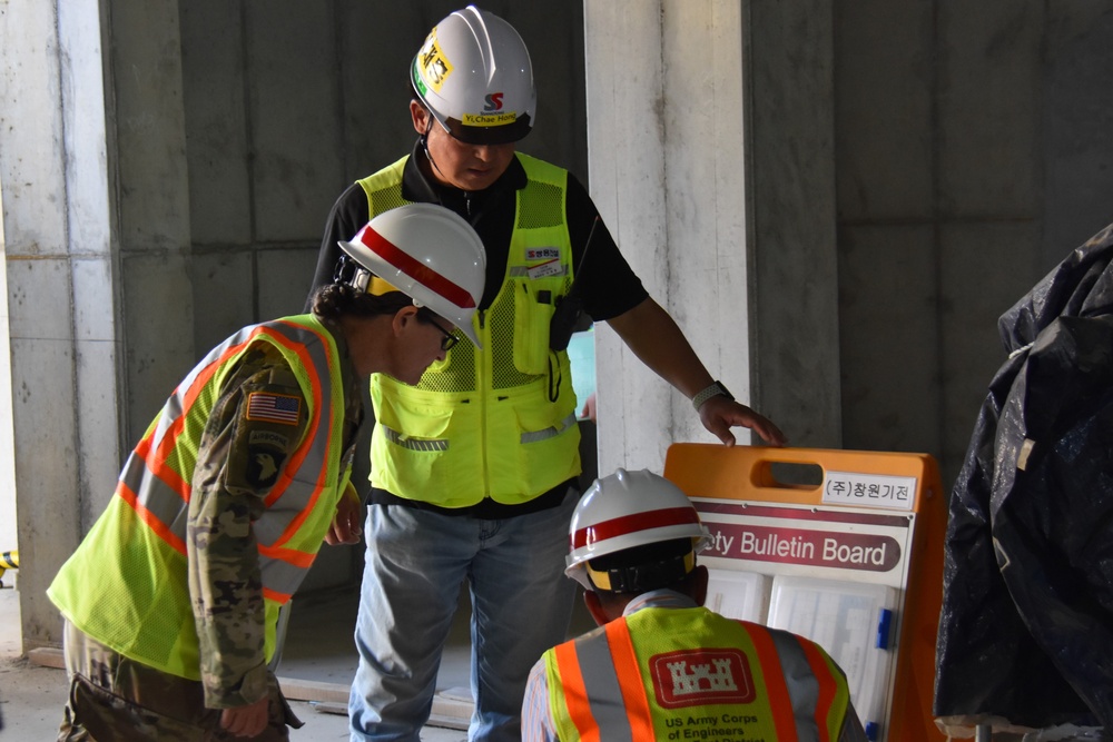 Army Engineers emphasize safety at unaccompanied enlisted personnel housing under construction on Camp Humphreys