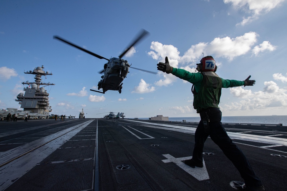 Italian NH-90 NATO Frigate Helicopter Takeoff from USS Gerald R. Ford