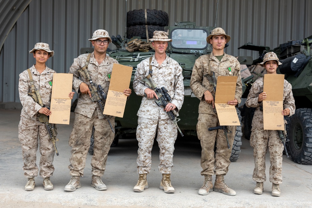 Marines with 1ST LAR receive achievement awards for their exceptional work during a concurrent exercise