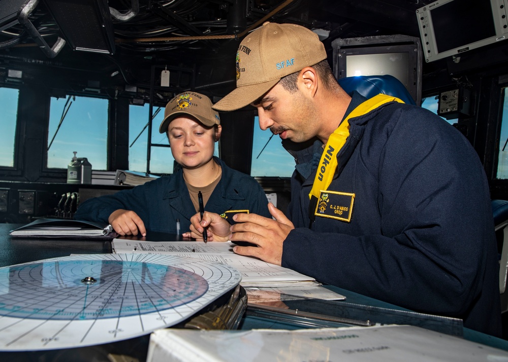 Sailors Stand Watch on the Bridge of USS John Finn (DDG 113), Oct. 4