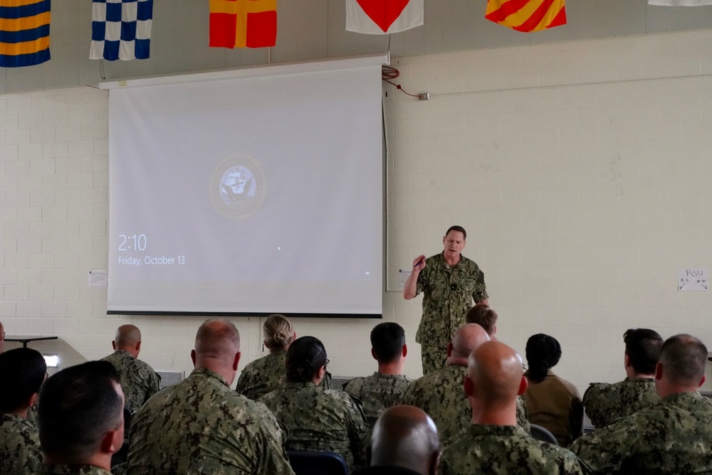 Rear Adm. David Storr speaks with Sailors at Navy Reserve Command (NRC) Spokane