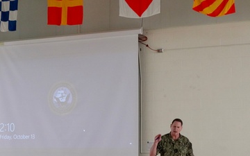 Rear Adm. David Storr speaks with Sailors at Navy Reserve Command (NRC) Spokane