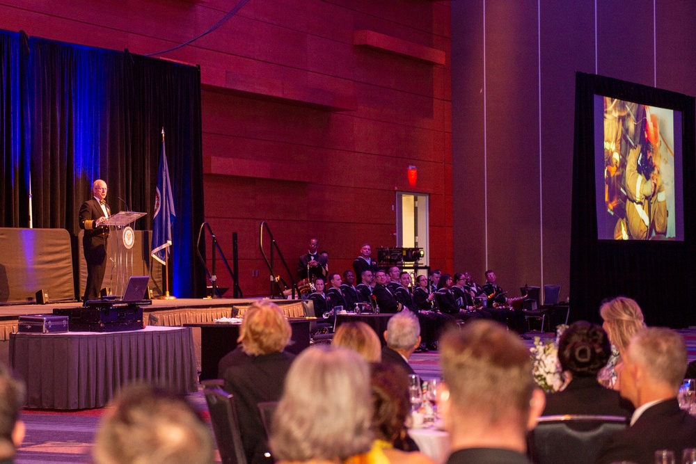 Adm. Daryl Caudle, commander, U.S. Fleet Forces Command, delivers remarks at the 2023 Hampton Roads Navy Ball at the Virginia Beach Convention Center hosted by the Hampton Roads Navy League, Oct. 13 2023.