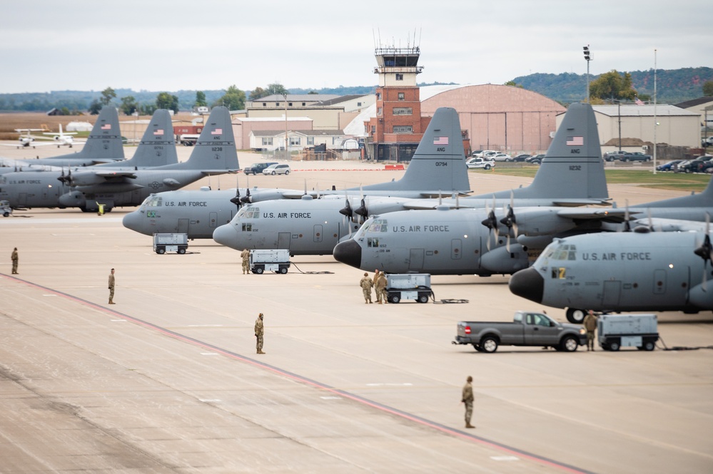 Seven C-130 Hercules aircraft perform ‘elephant walk’