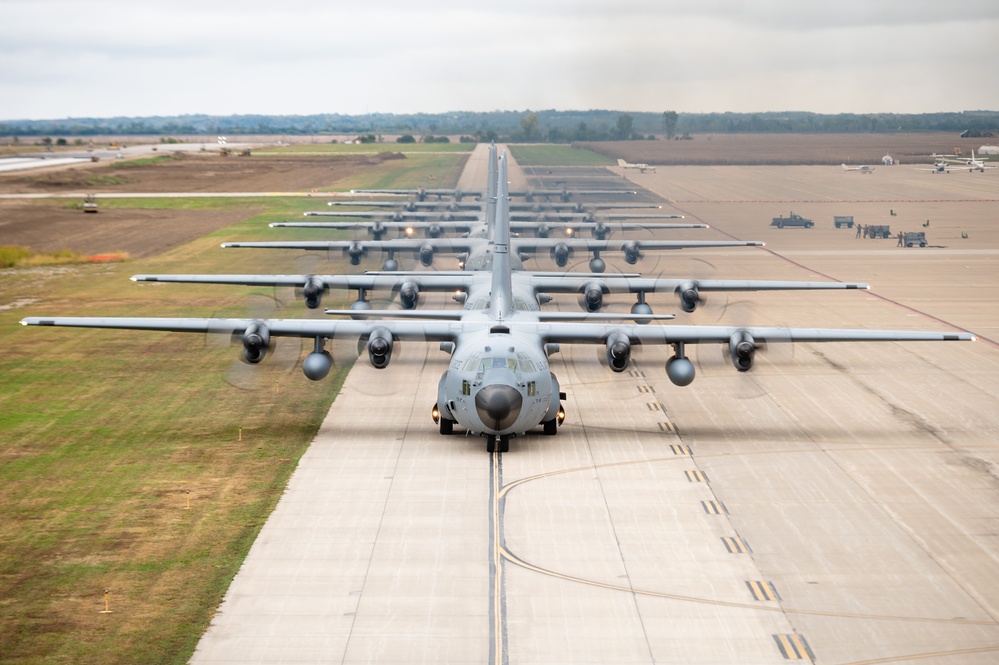 Seven C-130 Hercules aircraft perform ‘elephant walk’