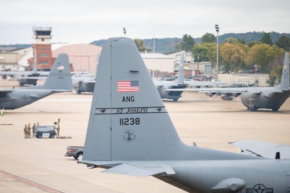 Seven C-130 Hercules aircraft perform ‘elephant walk’