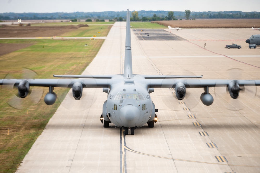 Seven C-130 Hercules aircraft perform ‘elephant walk’