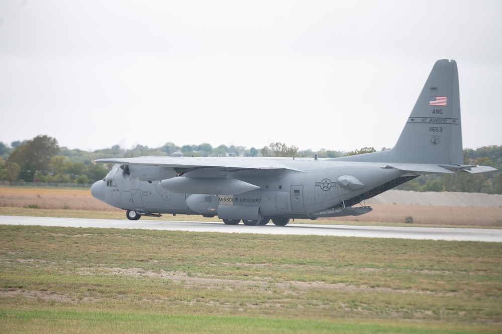 Seven C-130 Hercules aircraft perform ‘elephant walk’