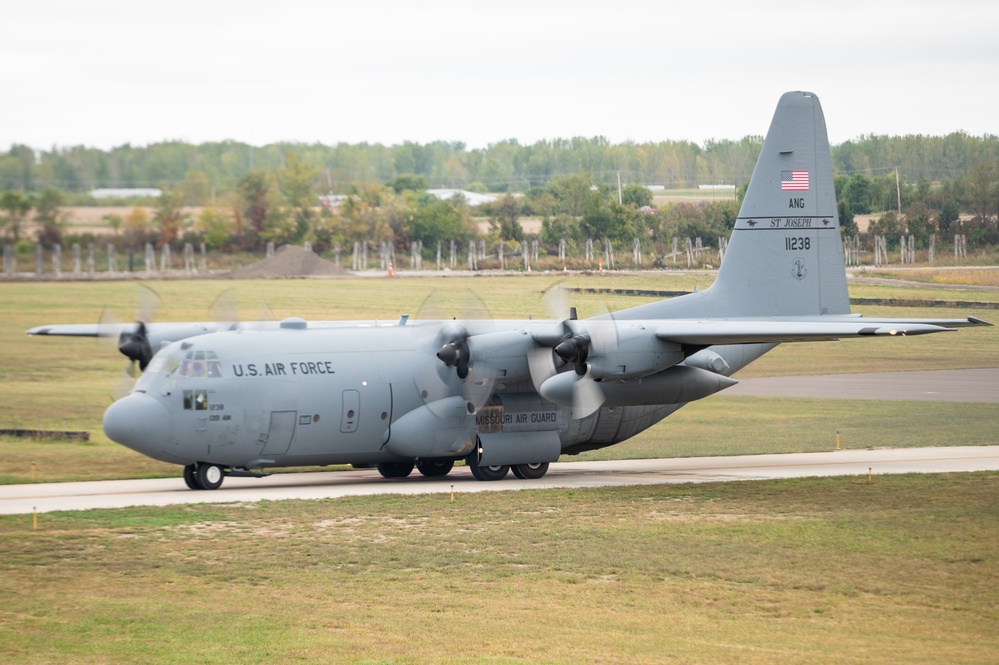 Seven C-130 Hercules aircraft perform ‘elephant walk’