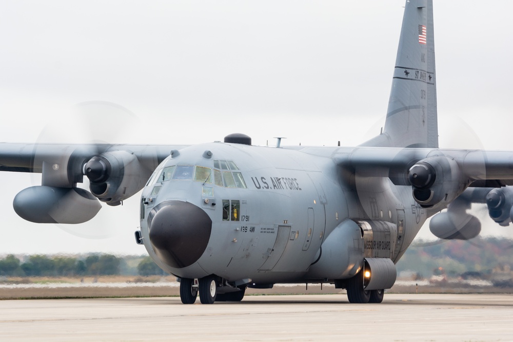 Seven C-130 Hercules aircraft perform ‘elephant walk’