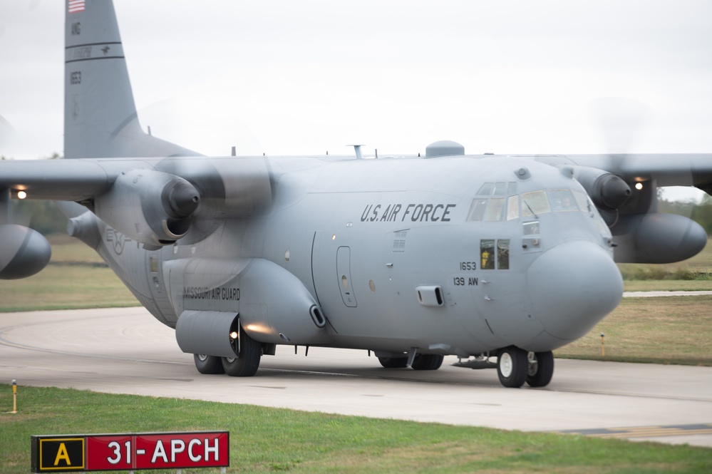 Seven C-130 Hercules aircraft perform ‘elephant walk’