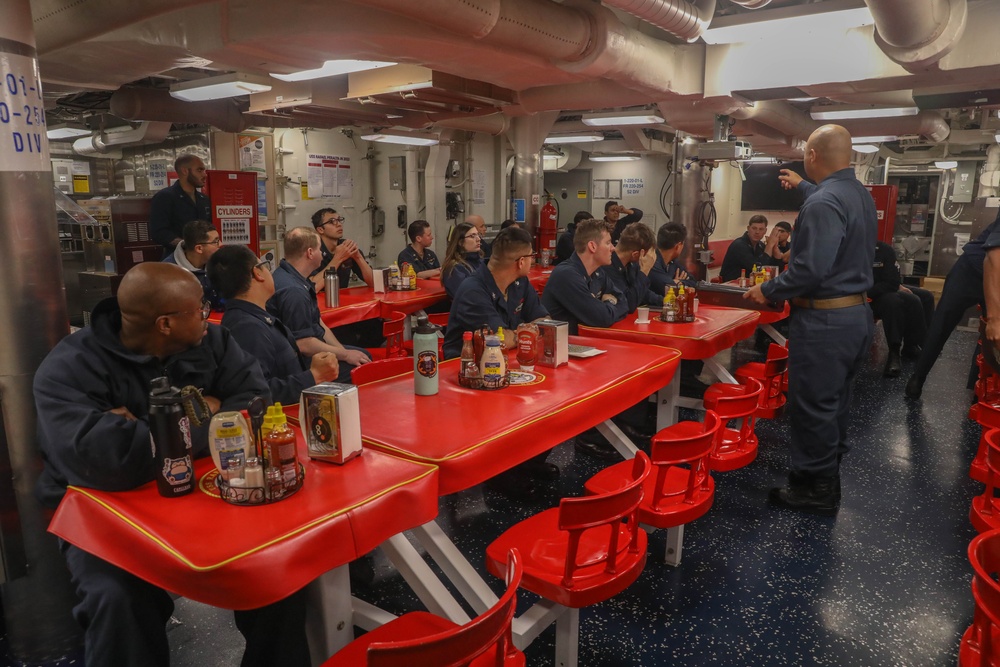 Sailors aboard the USS Rafael Peralta (DDG 115) conduct training before conducting active shooter drills in the South China Sea