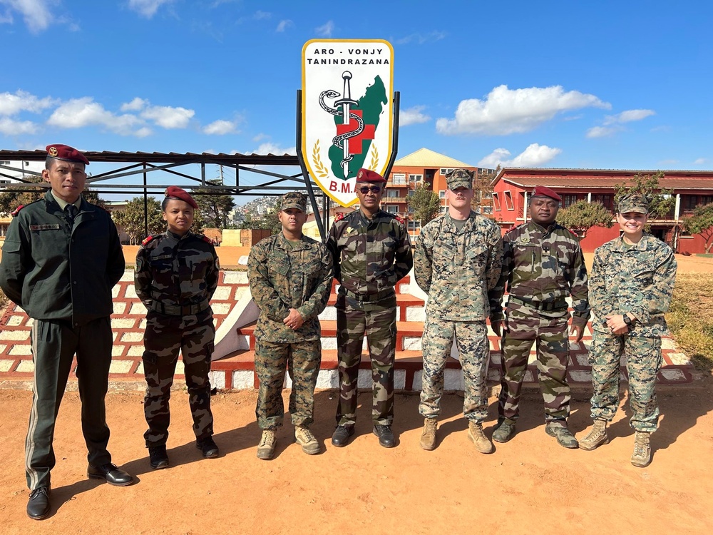 Civil Affairs and Preventative Medicine conduct a civil engagement with members of the Malagasy military.