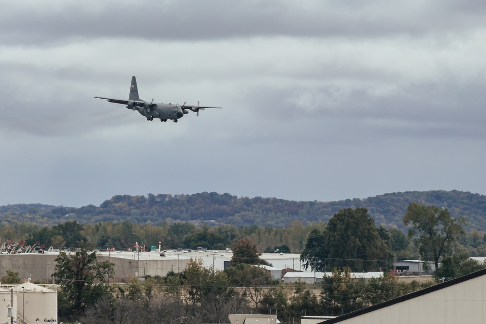 Seven C-130 Hercules aircraft formation