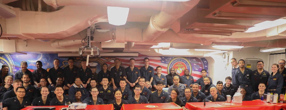 Sailors aboard the USS Rafael Peralta (DDG 115) celebrate the Navy’s birthday in the South China Sea