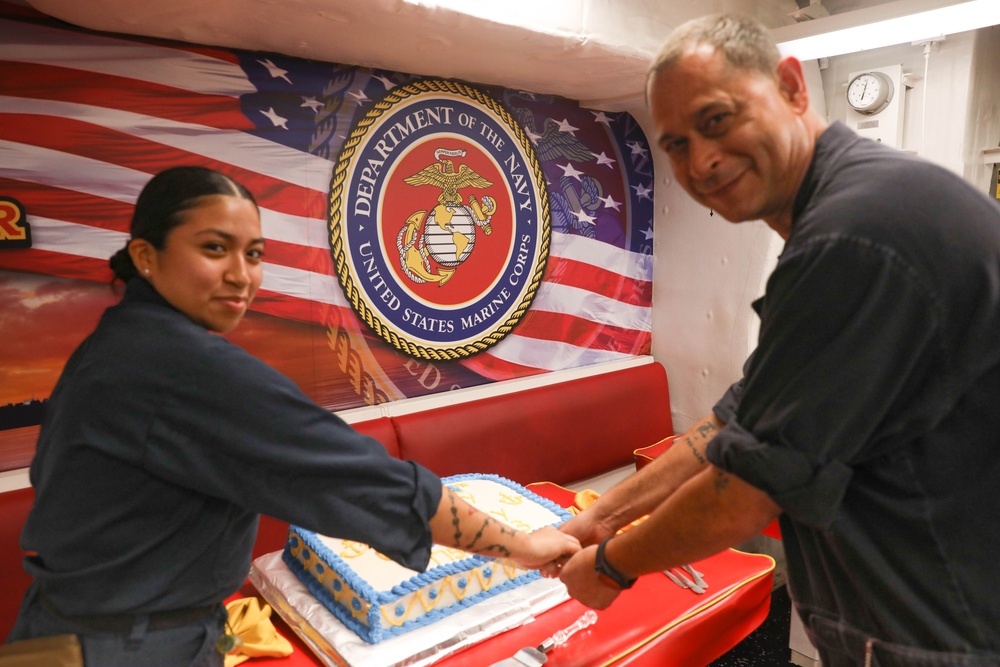 Sailors aboard the USS Rafael Peralta (DDG 115) celebrate the Navy’s birthday in the South China Sea