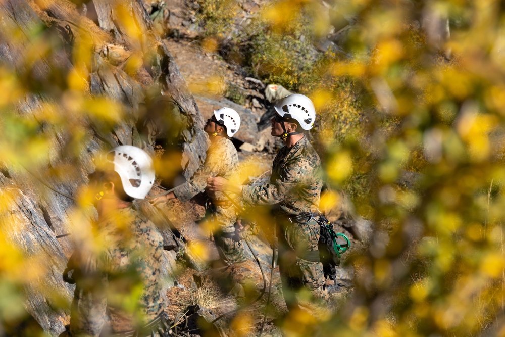 Marines with the Mountain Leaders Course climb and rappel down ‘Big Face’ during MTX 1-24