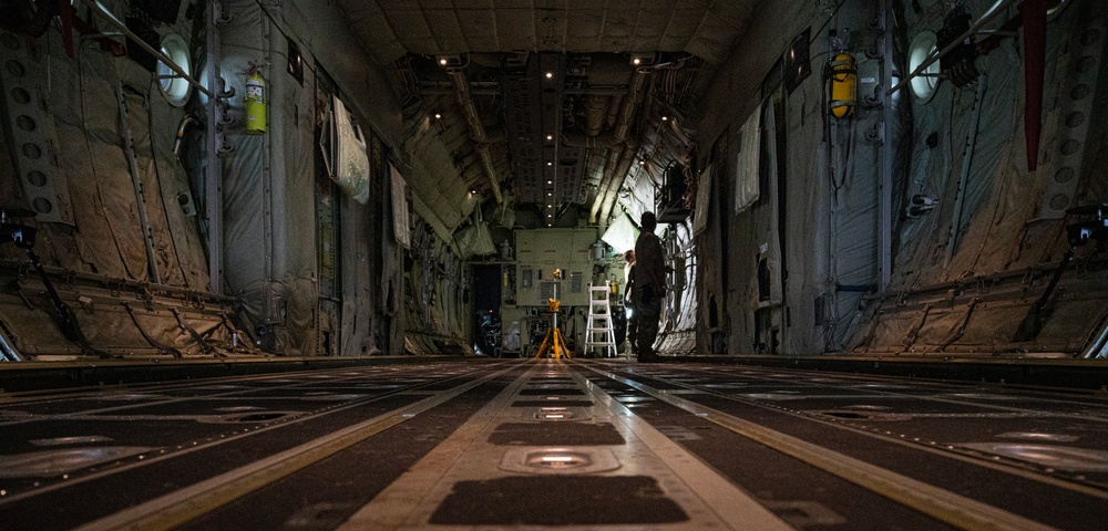 Maintenance conducts deep inspection on C-130J aircraft