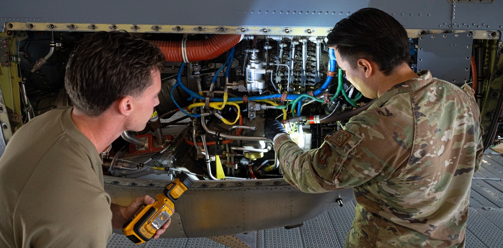Maintenance conducts deep inspection on C-130J aircraft