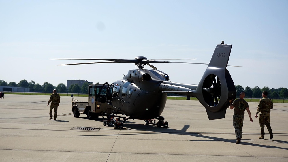 South Carolina Army National Guard UH-72B Lakota helicopter surveys landing sites at upstate hospitals