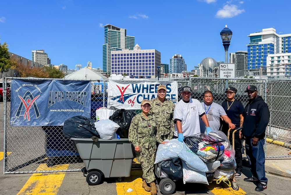 NAVSUP FLC San Diego Sailors delivered clothing donations to the Alpha Project, showcasing the Navy's dedication to fostering community outreach.