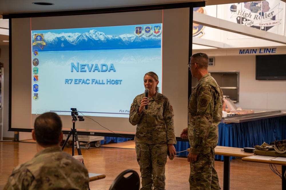 Chief Master Sgt. Rachel Landegent, Arizona State Command Chief speaks at the Region 7 Fall Meeting of the Enlisted Field Advisory Council meeting