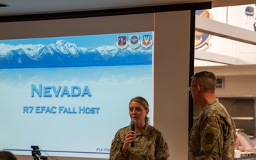 Chief Master Sgt. Rachel Landegent, Arizona State Command Chief speaks at the Region 7 Fall Meeting of the Enlisted Field Advisory Council meeting