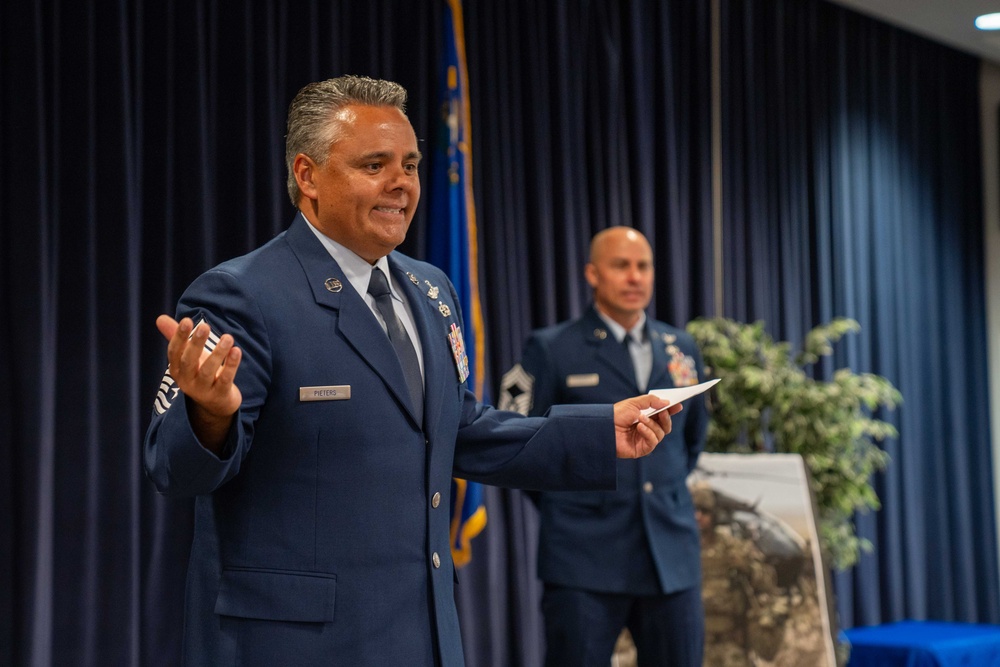 Senior Master Sgt. Joshua Leggett, a Flight Engineer in the 152nd Operations Group is promoted to the Air Force’s highest enlisted rank of chief master sergeant