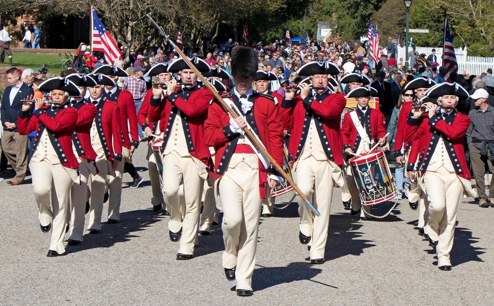 U.S. Army Third Infantry Fifes and Drums march in parade during Yorktown Day Event