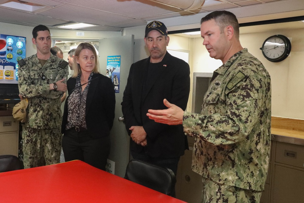 Jonathan Kaplan, U.S. Ambassador to Singapore, and other distinguished guests visit the Arleigh Burke-class guided-missile destroyer USS Rafael Peralta (DDG 115)