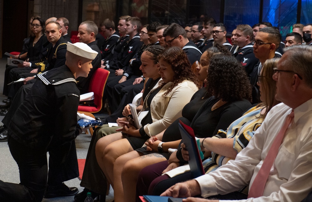 USS Nebraska (Blue) crew and guests hold a memorial ceremony honoring the life of Missile Technician 2nd Class Larry J. Showell.