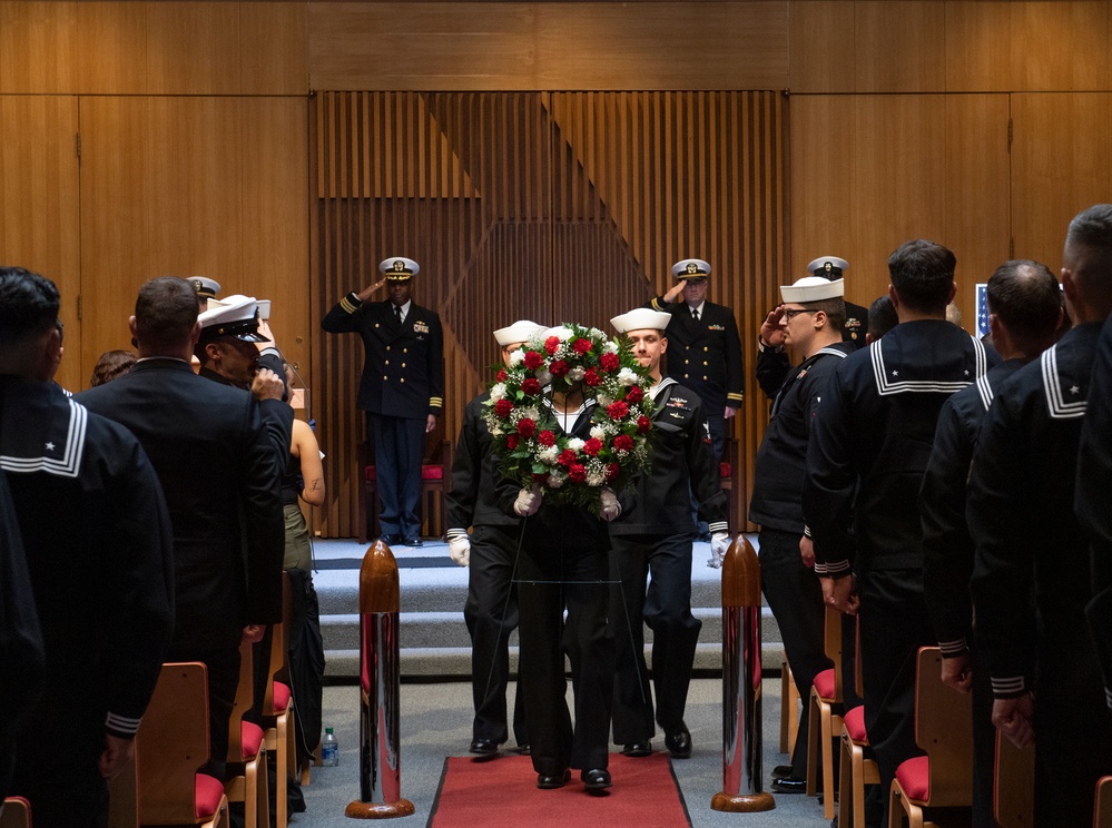 USS Nebraska (Blue) crew and guests hold a memorial ceremony honoring the life of Missile Technician 2nd Class Larry J. Showell.